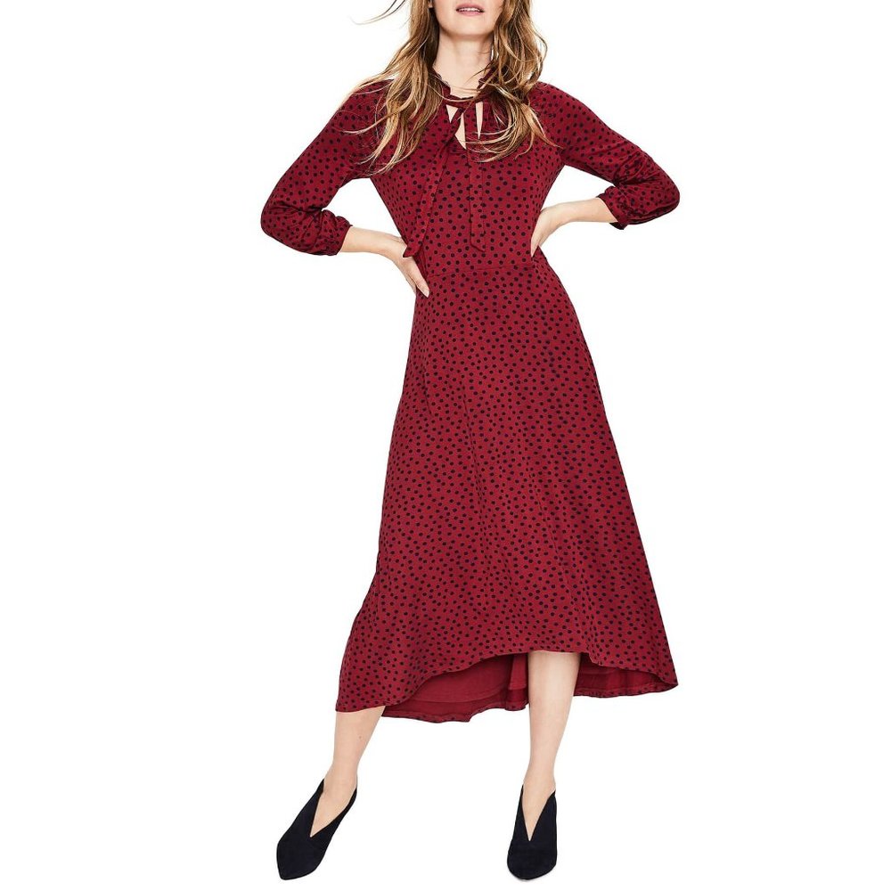 Boden 10 Rosa Tie-neck Jersey Dress Polka Dot